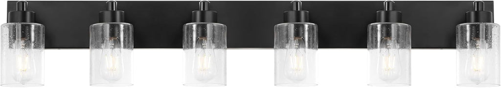 JONATHAN Y 40' Black/Clear 6-Light Modern LED Vanity Light for Bathroom Mirror, Mid-Century Wall Sconce with Clear Seeded Glass Shades, Contemporary Iron Fixture, LED Bulbs (JYL7621B)