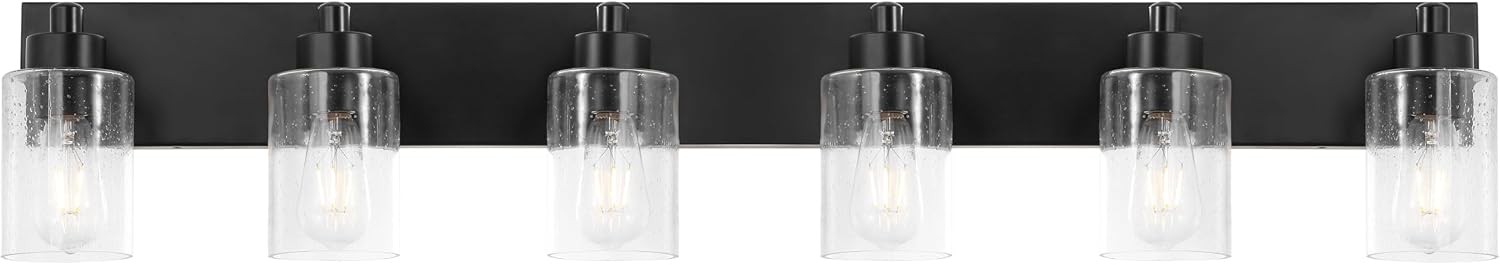 JONATHAN Y 40' Black/Clear 6-Light Modern LED Vanity Light for Bathroom Mirror, Mid-Century Wall Sconce with Clear Seeded Glass Shades, Contemporary Iron Fixture, LED Bulbs (JYL7621B)
