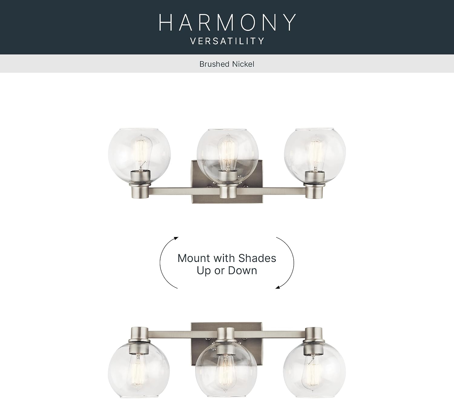 Kichler Harmony 24.5' Vanity Light in Brushed Nickel, 3-Light Traditional Bathroom Vanity with Clear Glass, (24.5' W x 8.25' H), 45894NI