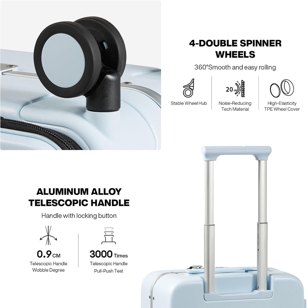 mixi Carry On Luggage, 18' Suitcase with Front Pocket, Travel Luggage Aluminum Frame PC Hardside with Spinner Wheels & TSA Lock and Cover (Not for Underseat), Glacier Blue
