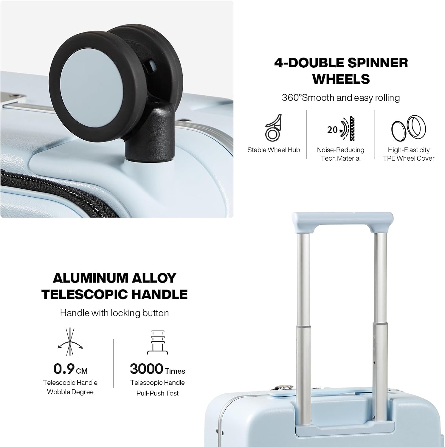 mixi Carry On Luggage, 18' Suitcase with Front Pocket, Travel Luggage Aluminum Frame PC Hardside with Spinner Wheels & TSA Lock and Cover (Not for Underseat), Glacier Blue