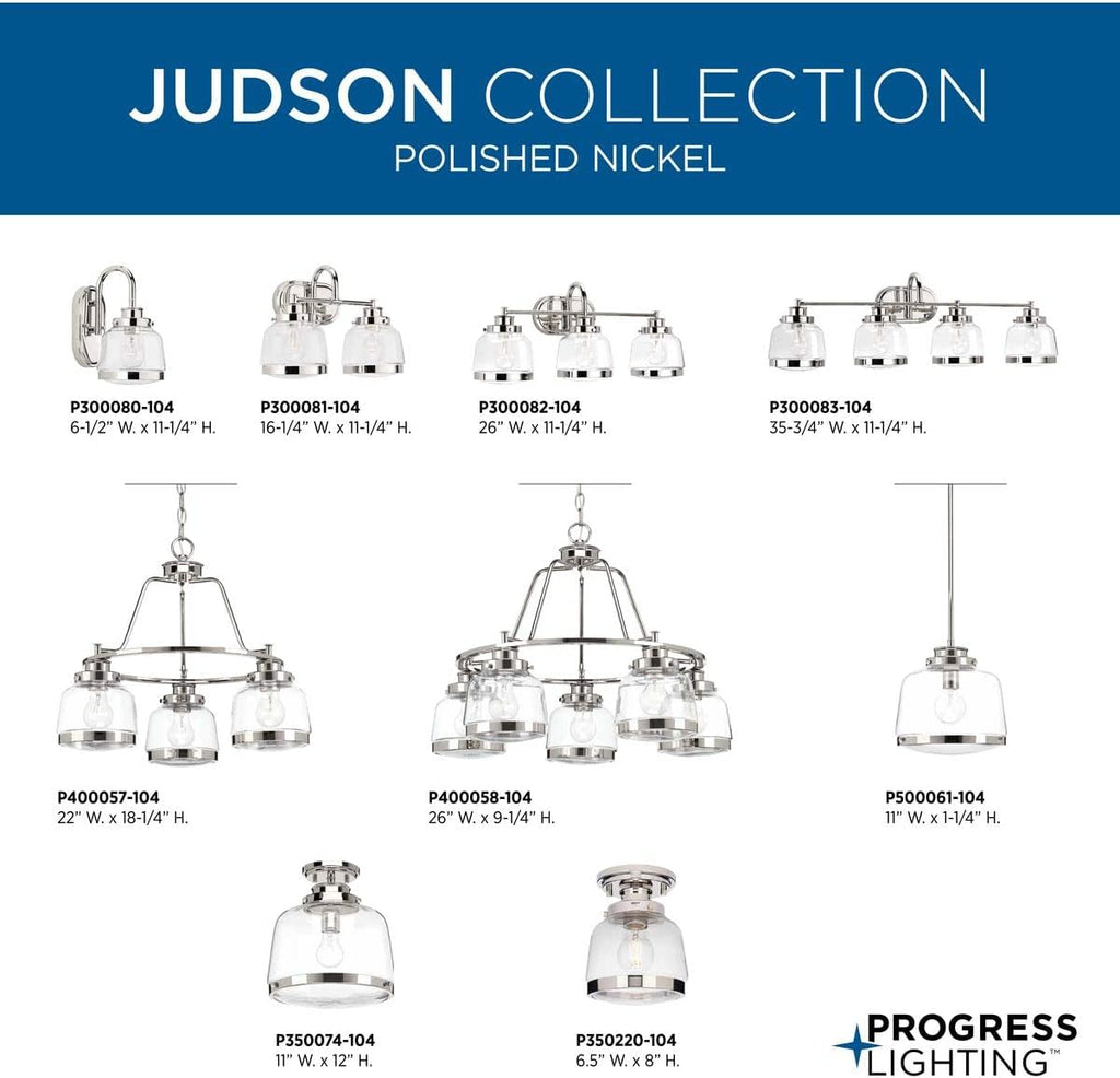 Progress Lighting P300081-104 Judson Collection Clear Glass Farmhouse Bath Vanity Light, 2-Light, Polished Nickel