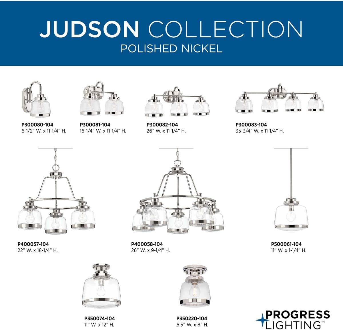 Progress Lighting P300081-104 Judson Collection Clear Glass Farmhouse Bath Vanity Light, 2-Light, Polished Nickel