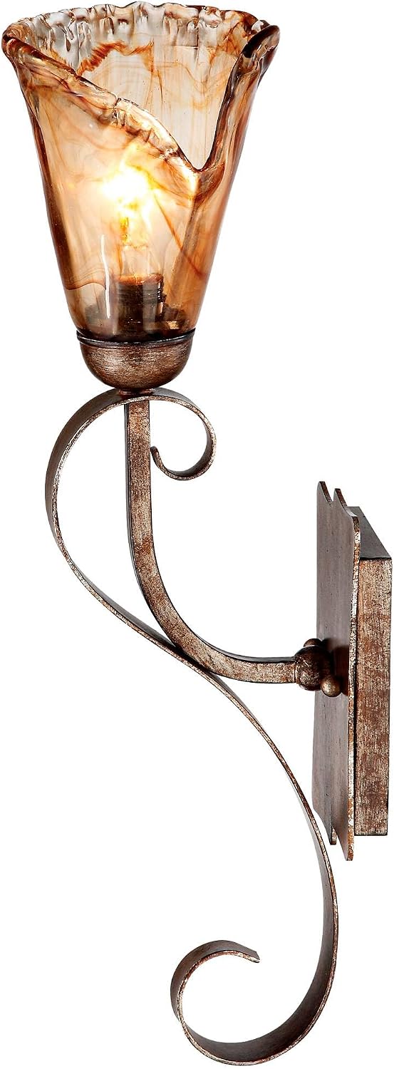 Franklin Iron Works Amber Scroll Rustic Vintage Wall Light Sconces Set of 2 Golden Bronze Metal Hardwired 23 1/2' Fixture Art Glass for Bedroom Bathroom Vanity Living Room Hallway Dining Kitchen
