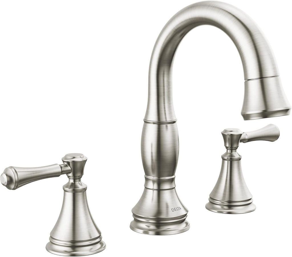 Delta Faucet Cassidy Pull Down Bathroom Faucet, Bathroom Pull Out Faucet, Brushed Nickel Widespread Bathroom Faucet 3 Hole, Bathroom Sink Faucet with Magnetic Docking, Stainless 3597-SSPD-DST