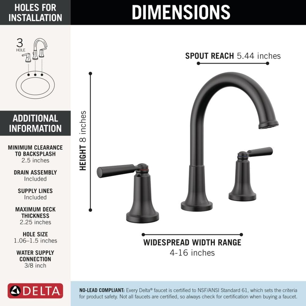 Delta Saylor Matte Black Bathroom Faucet 3 Hole, 8 Inch Widespread Bathroom Sink Faucet for Vanity, Metal Push-Pop Drain Assembly, Matte Black 3535-BLMPU-DST