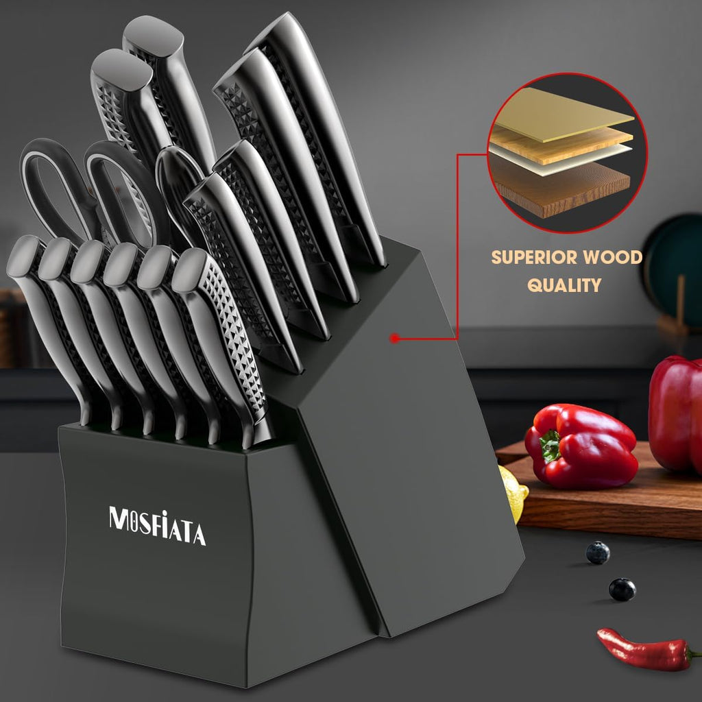 MOSFiATA Kitchen Knife Set, 17 Pcs Japanese Stainless Steel Knife Sets for Kitchen with Block with Knife Sharpening Rod, Dishwasher Safe, Titanium Plated Knife Block Set (Gray)