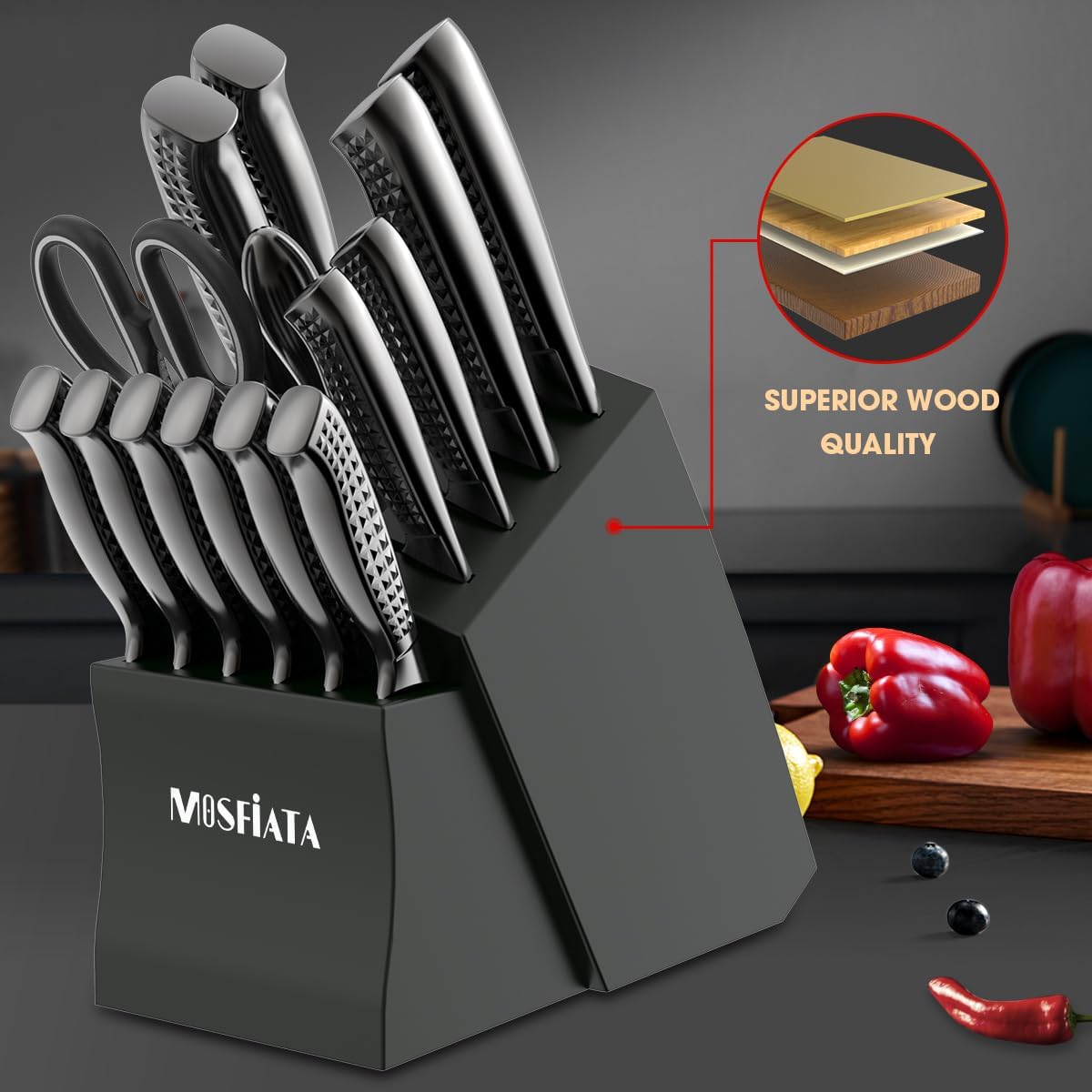 MOSFiATA Kitchen Knife Set, 17 Pcs Japanese Stainless Steel Knife Sets for Kitchen with Block with Knife Sharpening Rod, Dishwasher Safe, Titanium Plated Knife Block Set (Gray)