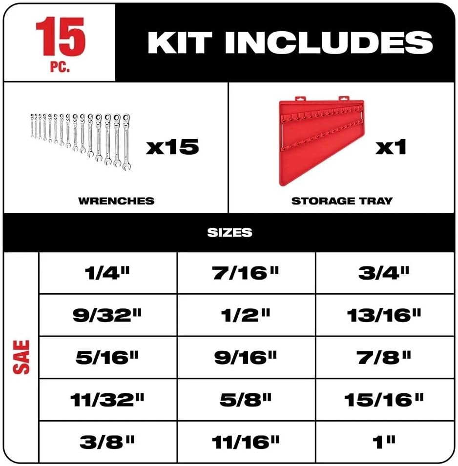 15 PC 48-22-9413 for Milwaukee Flex Head Ratcheting SAE Combination Wrench Set - Silver