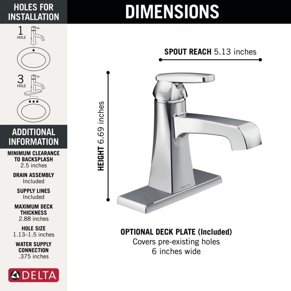 Delta Faucet Ashlyn Single Hole Bathroom Faucet, Single Handle Bathroom Faucet Chrome, Bathroom Sink Faucet, Diamond Seal Technology, Drain Assembly, Chrome 564-MPU-DST