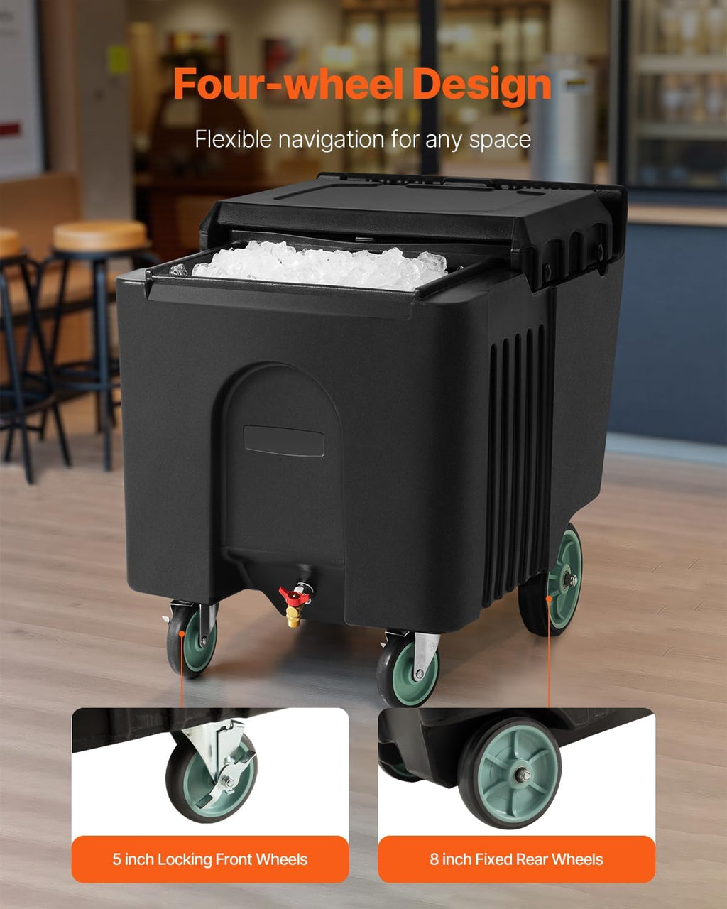 VEVOR Commercial Ice Bin, 125 lbs Portable Ice Caddy, Insulated Ice Carrier with 4 Wheels and Flip Lid, Large Ice Bin for Catering, Kitchens, Bistros, Restaurants, and Bars