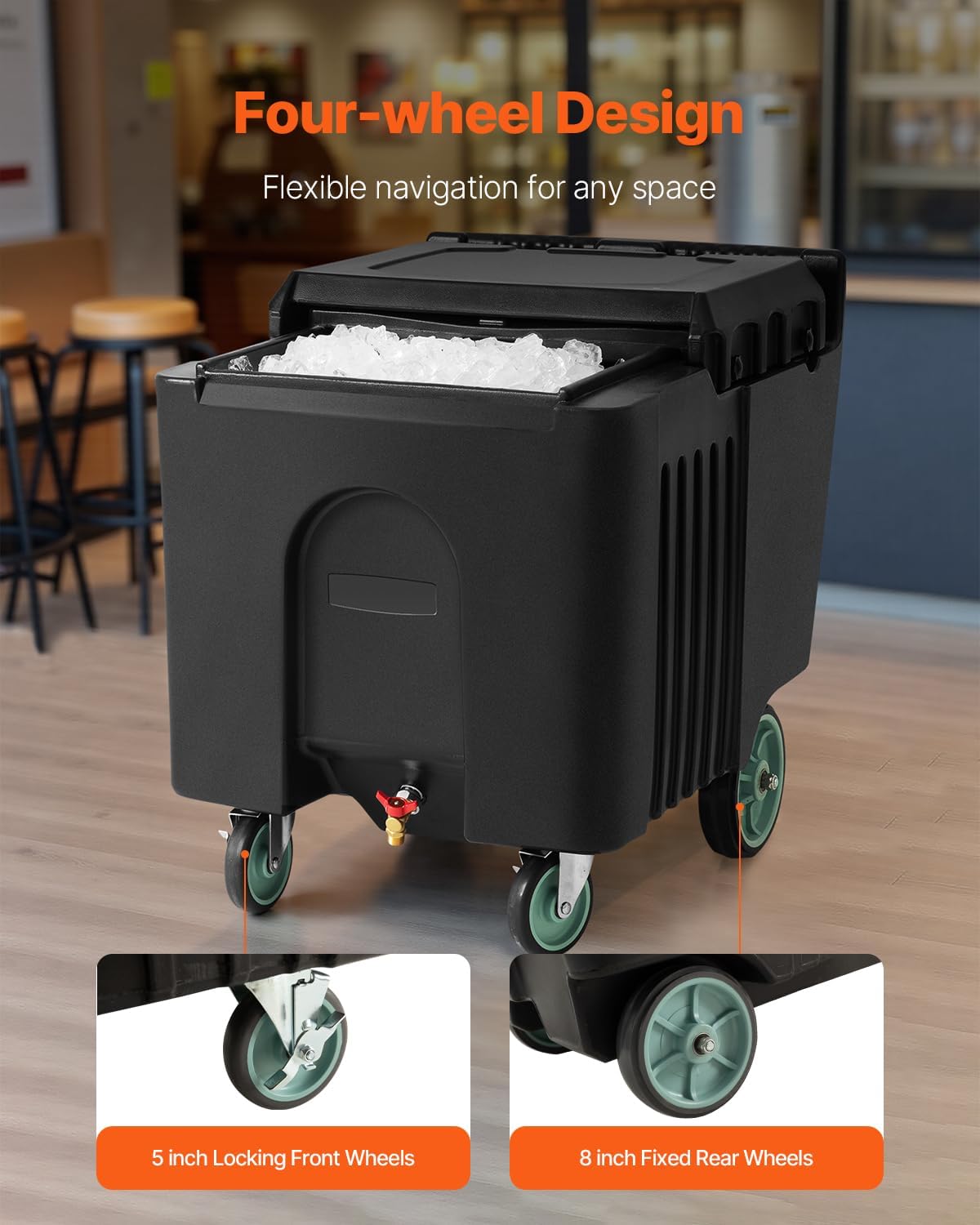 VEVOR Commercial Ice Bin, 125 lbs Portable Ice Caddy, Insulated Ice Carrier with 4 Wheels and Flip Lid, Large Ice Bin for Catering, Kitchens, Bistros, Restaurants, and Bars