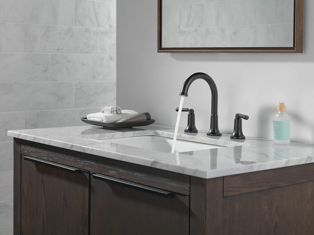 Delta Saylor Matte Black Bathroom Faucet 3 Hole, 8 Inch Widespread Bathroom Sink Faucet for Vanity, Metal Push-Pop Drain Assembly, Matte Black 3535-BLMPU-DST