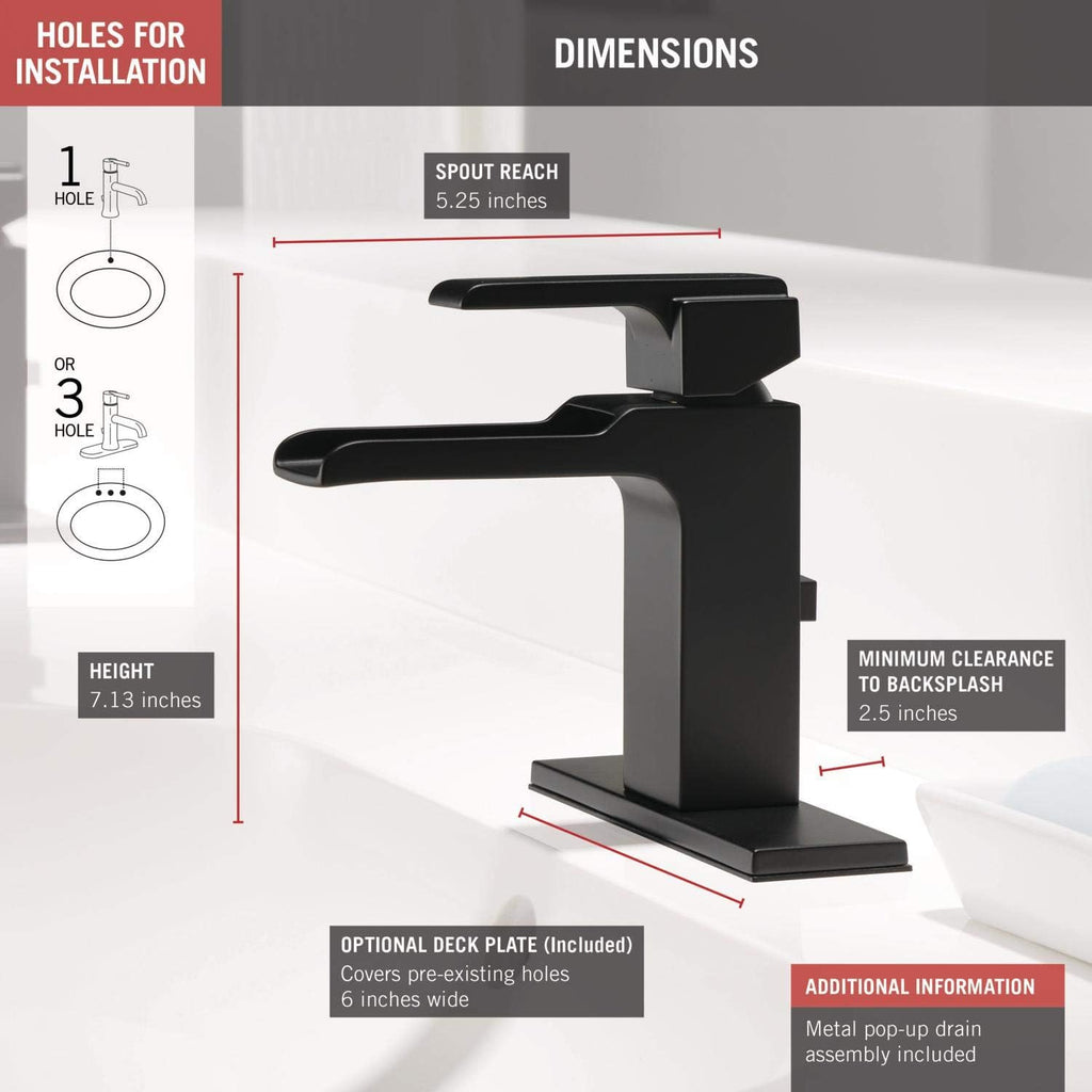 Delta Faucet Ara Widespread Bathroom Faucet 3 Hole, Matte Black Bathroom Faucet, Waterfall Faucet, Metal Drain Assembly, Matte Black 3568LF-BLMPU