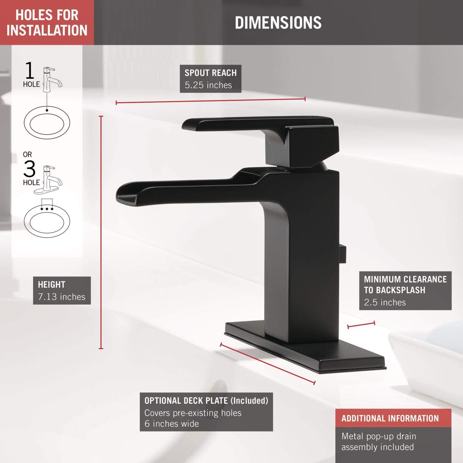 Delta Faucet Ara Widespread Bathroom Faucet 3 Hole, Matte Black Bathroom Faucet, Waterfall Faucet, Metal Drain Assembly, Matte Black 3568LF-BLMPU