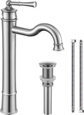 Vessel Sink Faucet Brushed Nickel Bathroom Tall Faucet Single Hole Deck-Mount Pop up Drain Assembly Without Overflow Water Supply Lines Included