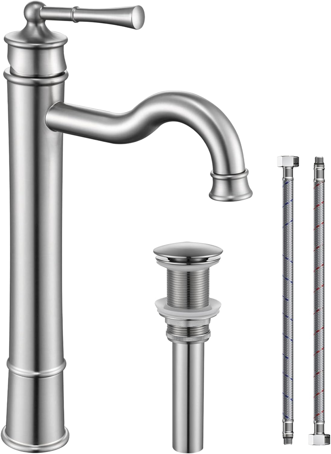Vessel Sink Faucet Brushed Nickel Bathroom Tall Faucet Single Hole Deck-Mount Pop up Drain Assembly Without Overflow Water Supply Lines Included