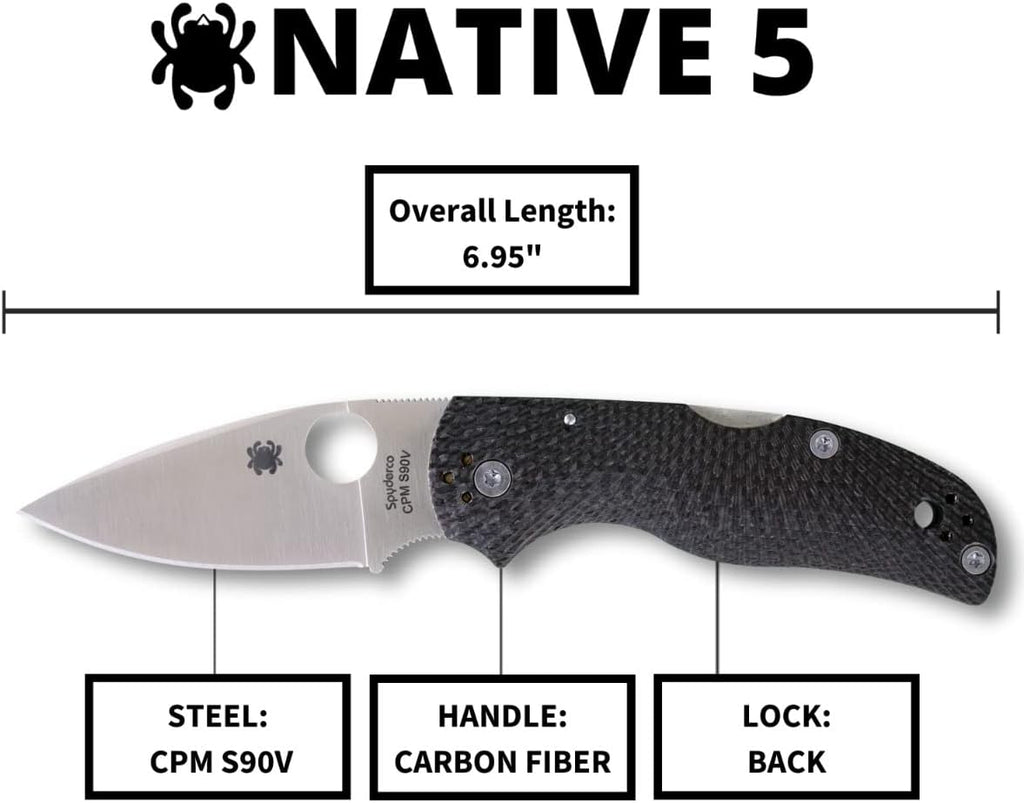 Spyderco Native 5 Knife - Black Carbon Fiber Handle with PlainEdge, Full-Flat Grind, CPM S90V Steel Blade and Back Lock - C41CFFP5