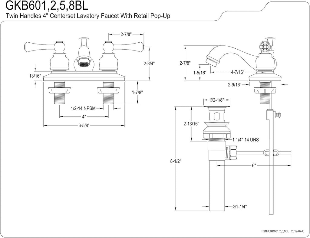 Kingston Brass GKB602BL Vintage 4-inch Centerset Lavatory Faucet with Retail Pop-up, Polished Brass
