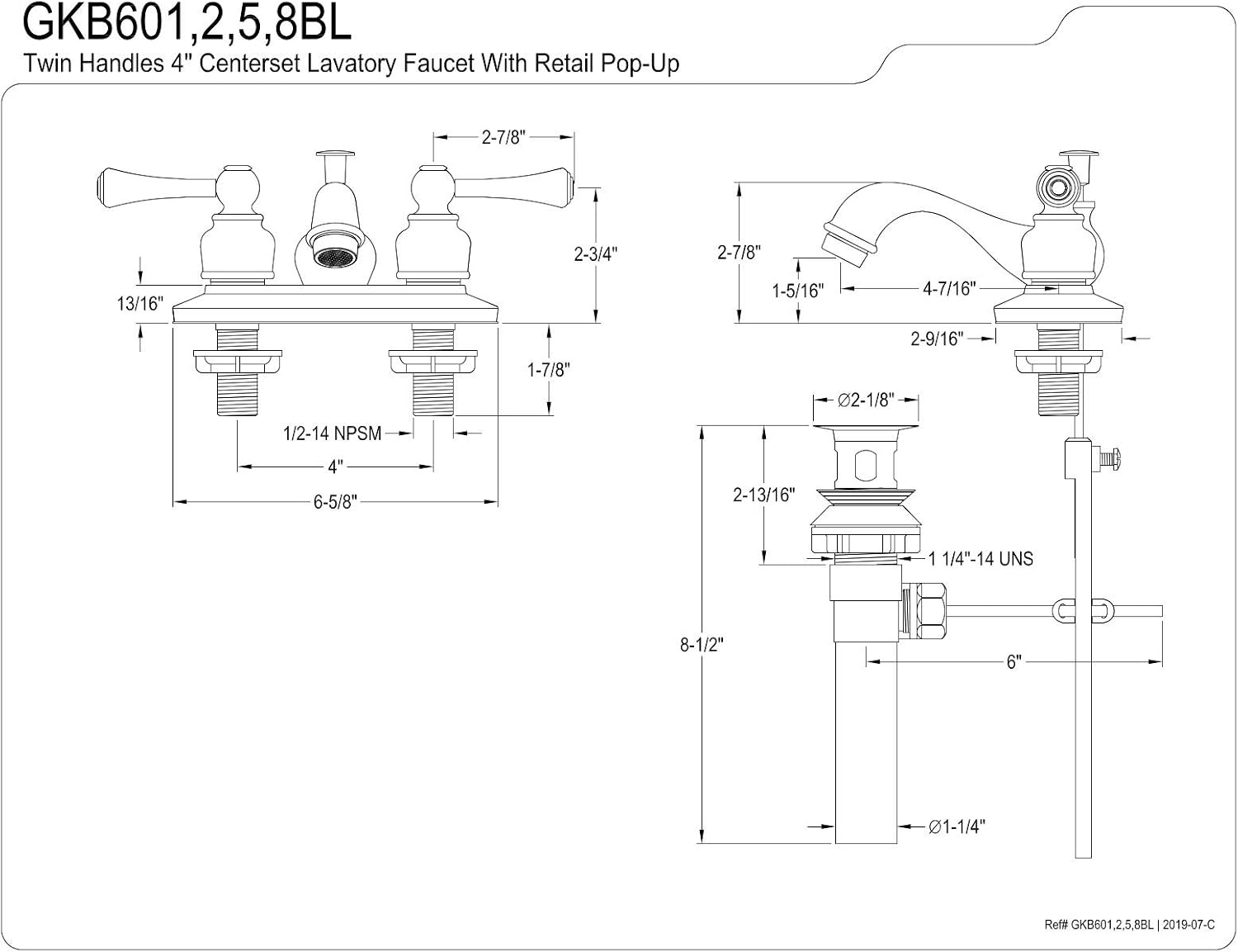 Kingston Brass GKB602BL Vintage 4-inch Centerset Lavatory Faucet with Retail Pop-up, Polished Brass
