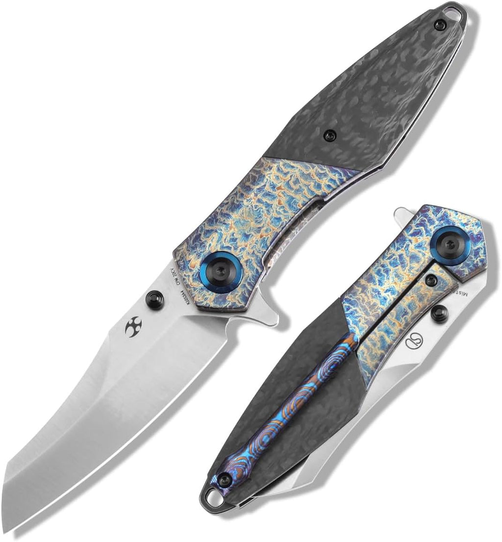 KANSEPT Mistaken Folding Knives for Men EDC Camping Hiking Folding Knife for Men Women 3.58''CPM 20CV Blade with Lightning Strike Finish Titanium Twill Carbon Fiber Timascus Clip Handle EDC K1053A4