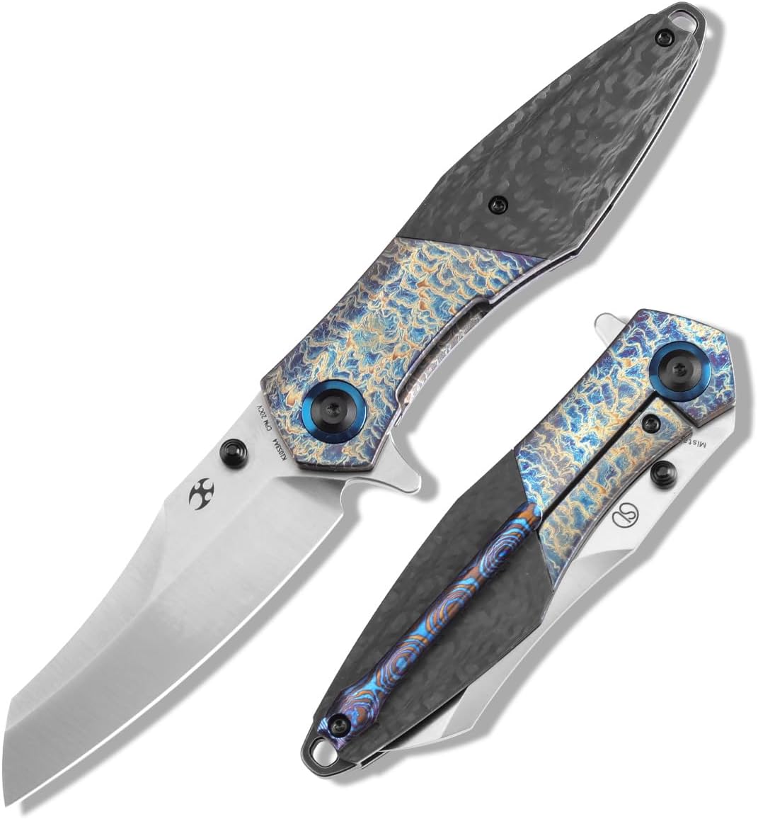 KANSEPT Mistaken Folding Knives for Men EDC Camping Hiking Folding Knife for Men Women 3.58''CPM 20CV Blade with Lightning Strike Finish Titanium Twill Carbon Fiber Timascus Clip Handle EDC K1053A4
