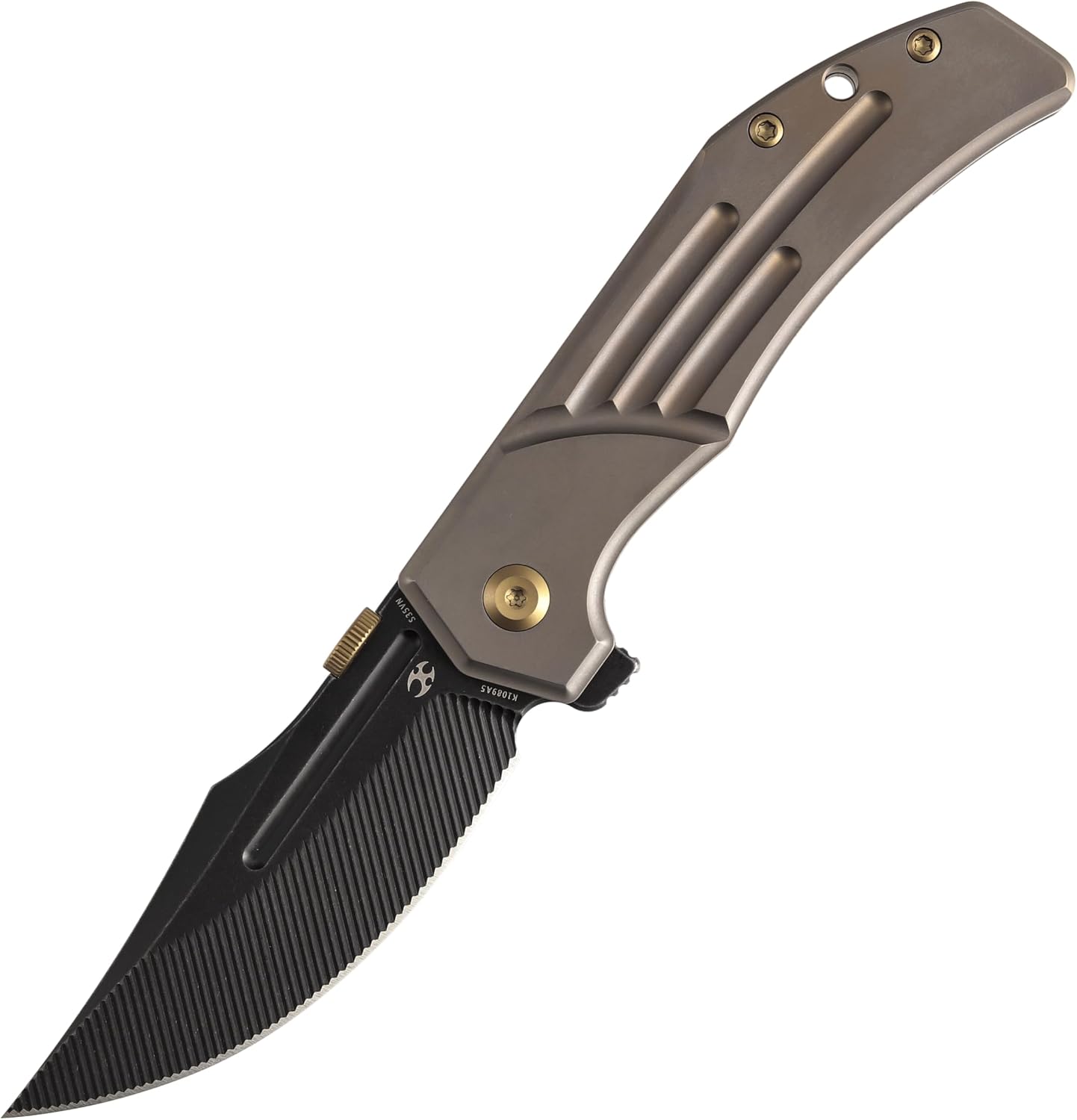 KANSEPT Orion Pocket Knife, 3.07' Blackwash S35VN Blade with Blood Groove and Bronze Anodized Titanium Handle Both Crafted with CNC Milling, Thumb Disk EDC Folding Knives for Camping, Hunting K1089A5