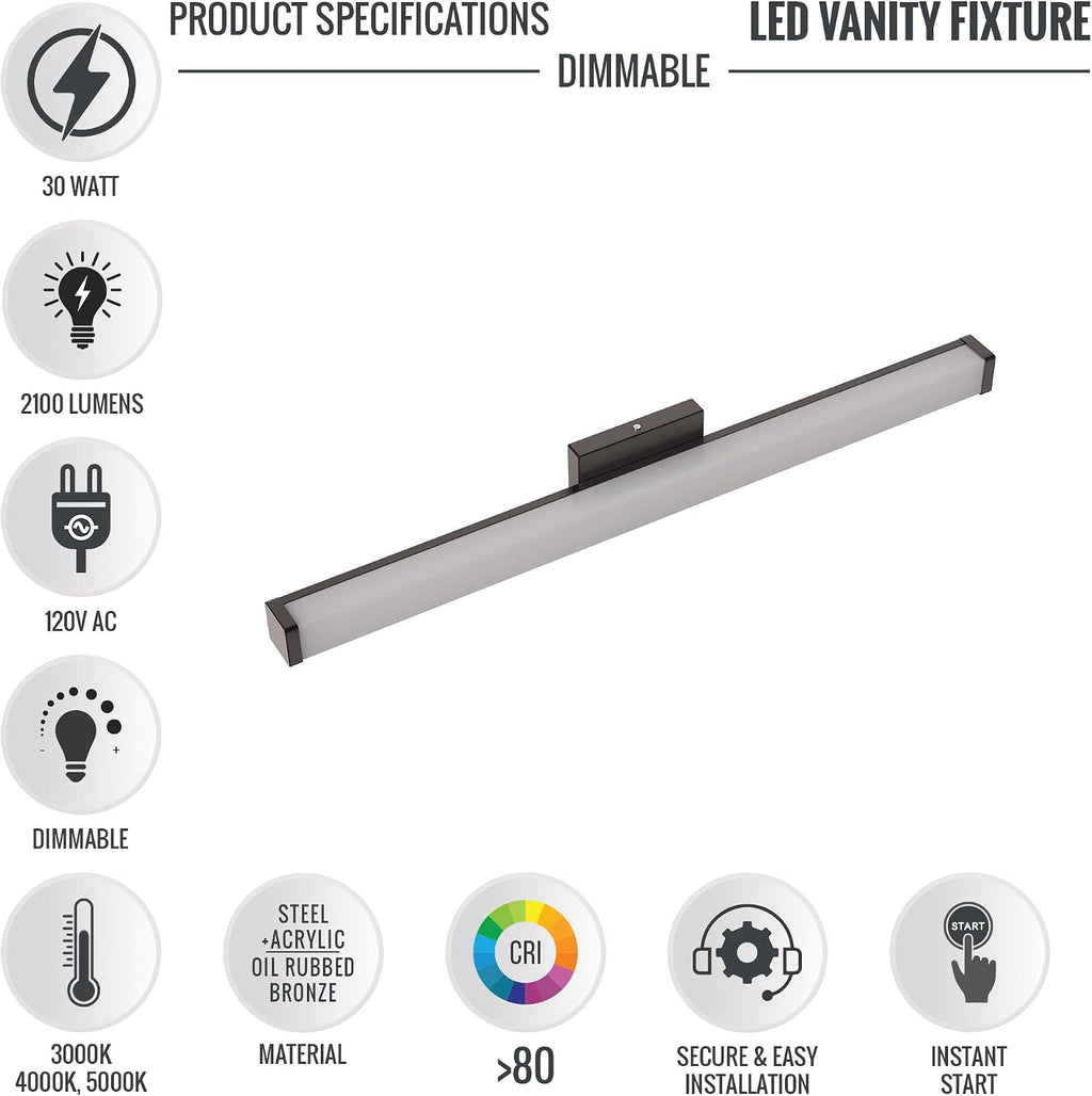 LEDMyplace 30W 36-inch LED Vanity Light Fixtures Over Mirror for Bathroom, Dressing Table, 3000/4000/5000K CCT Changeable, 2100LM, 120V, High CRI>80, Oil Rubbed Bronze, Dimmable Lighting, ETL Listed