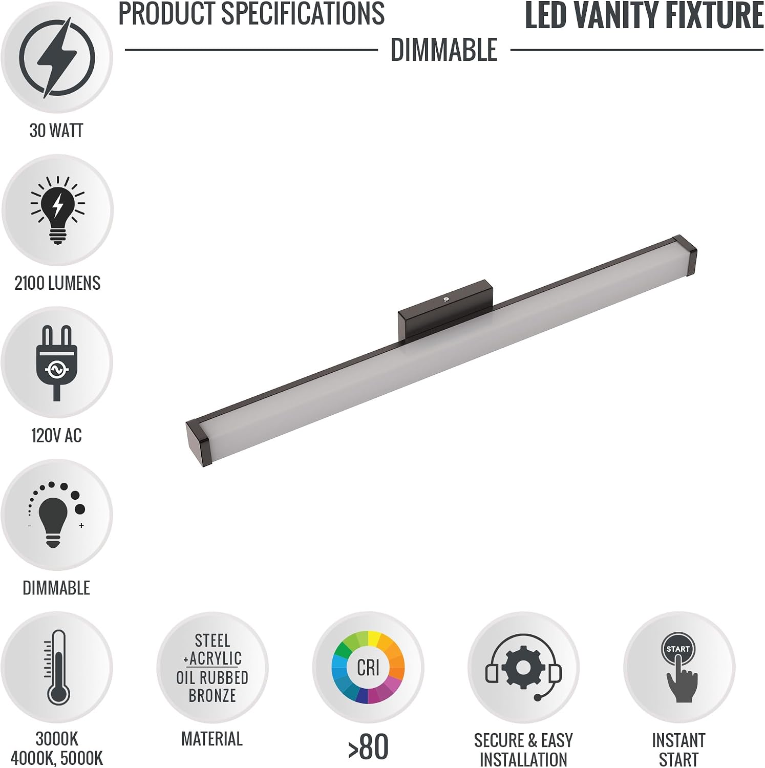 LEDMyplace 30W 36-inch LED Vanity Light Fixtures Over Mirror for Bathroom, Dressing Table, 3000/4000/5000K CCT Changeable, 2100LM, 120V, High CRI>80, Oil Rubbed Bronze, Dimmable Lighting, ETL Listed