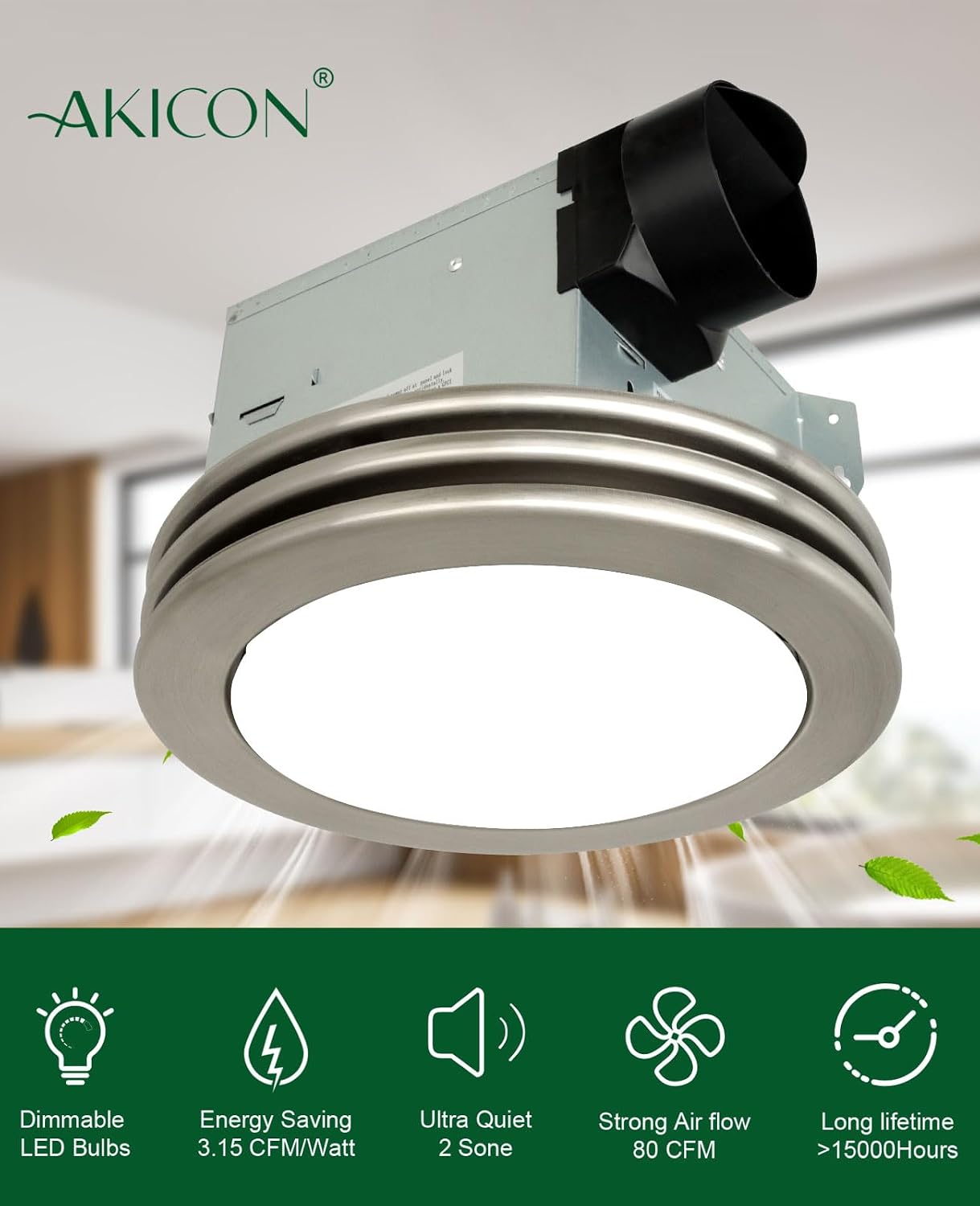 Akicon Exhaust Fan with Light, Ultra Quiet 80 CFM 2.0 Sones Ventilation Exhaust Bathroom Fan with Light, 3000K/4000K/5000K Selectable LED Light (Brushed Nickel)