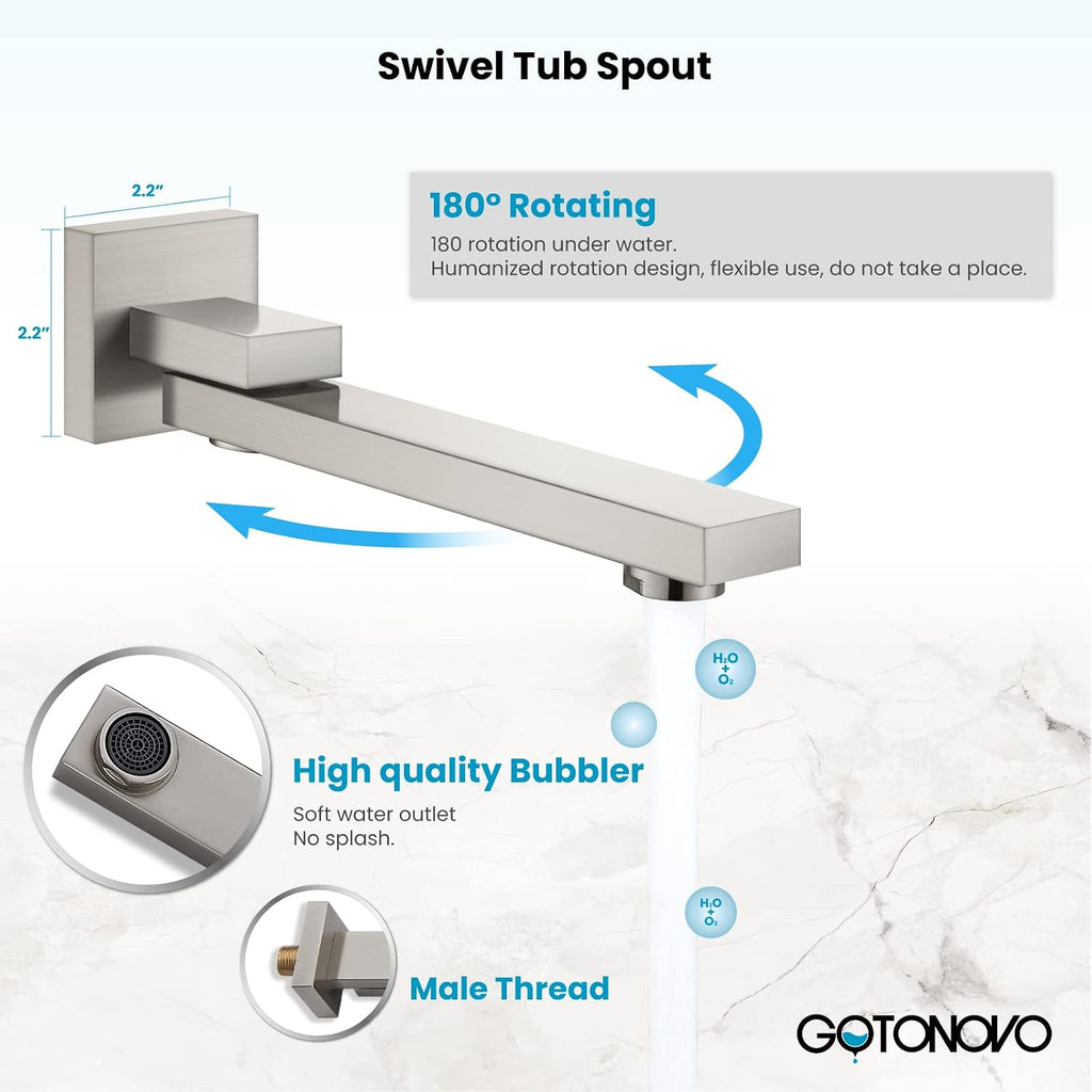 gotonovo Rainfall Tub Shower Faucet Set Bathroom Shower System with Tub Spout Wall Mount Square High Pressure Shower Fixtures with Handheld Sprayer Rough-In Valve 12'' Shower Head,Brushed Nickel