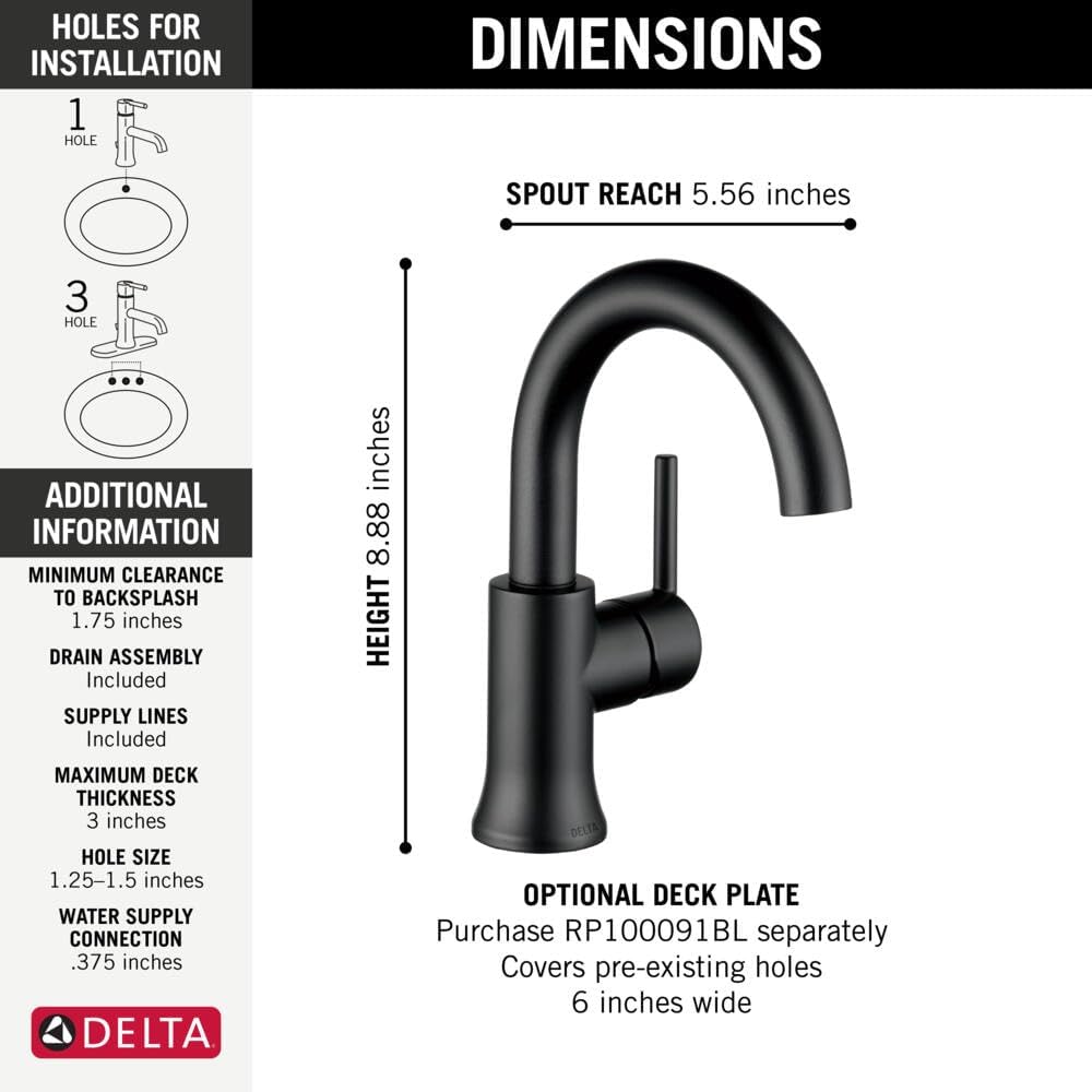 Delta Faucet Trinsic Matte Black Bathroom Faucet, Single Hole Bathroom Faucet, Single Handle Bathroom Faucet, Diamond Seal Technology, Drain Assembly, Matte Black 559HA-BL-DST