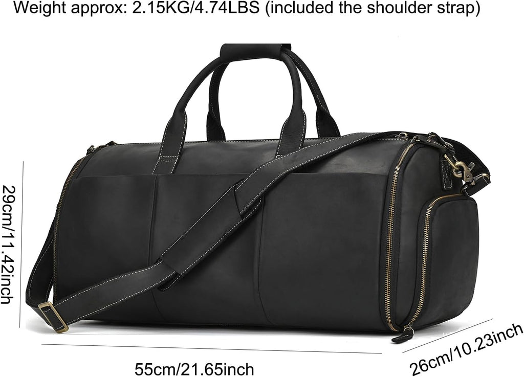 LUUFAN Full-grain Leather Garment Bag Large Capacity Travel Bag Business Suit Carrier Bag with Shoe Compartment, Overnight Gym Sports Duffel Bags for Men Women, Black