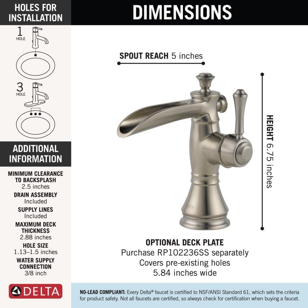 Delta Faucet Cassidy Single Hole Bathroom Faucet Brushed Nickel, Single Handle Bathroom Faucet, Metal Drain Assembly, Stainless 598LF-SSMPU