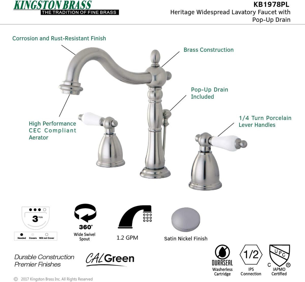 Kingston Brass KB1978PL Heritage Widespread Lavatory Faucet with Porcelain Lever Handle, Brushed Nickel