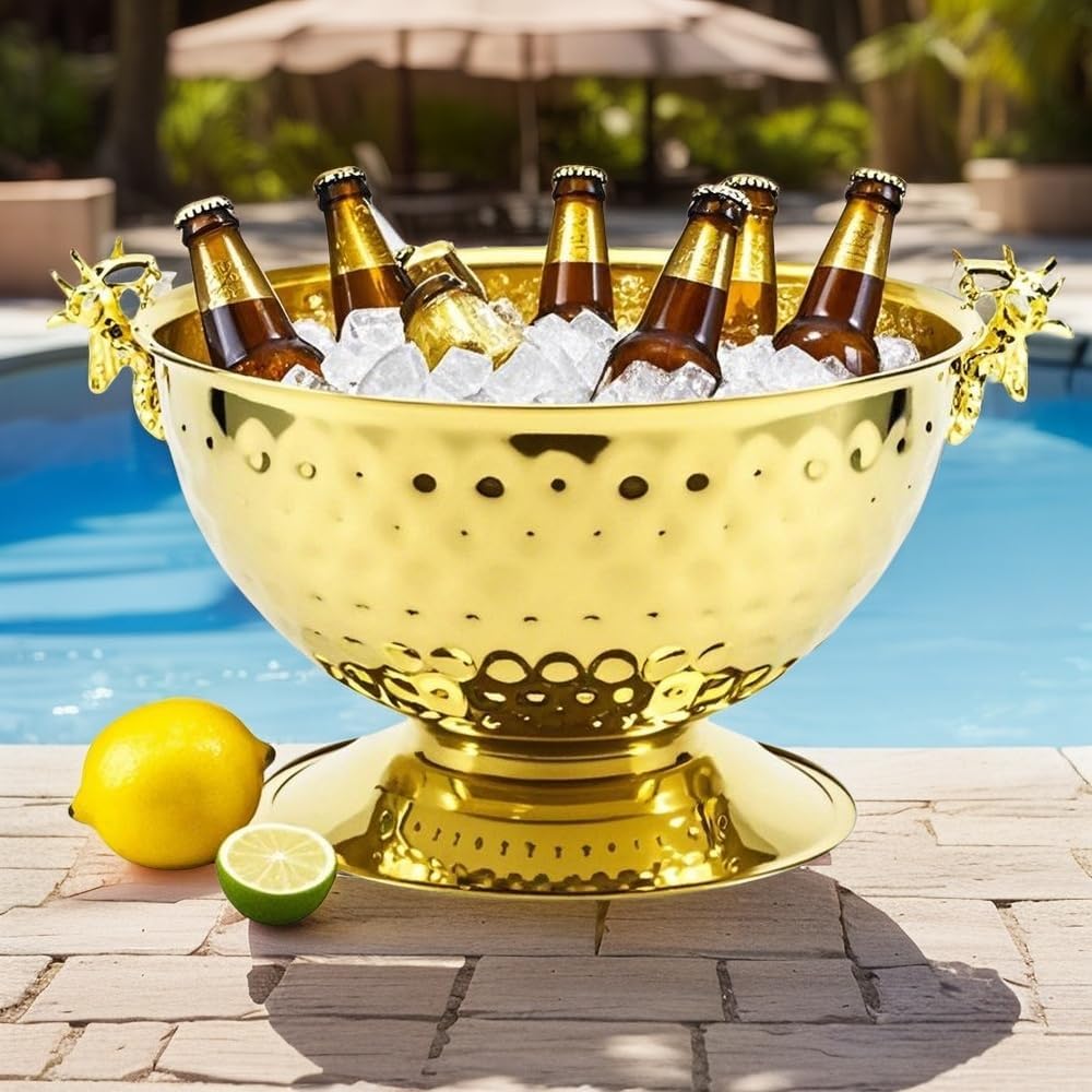 Luxurious Ice Bucket for Parties,Party Sized 12L Drink Cooler for Parties,Gold Stainless Steel Ultimate Champagne Bucket with Antler-Shaped Handle,Large Ice Bucket for Events