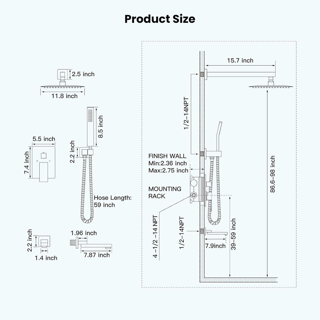 gotonovo Rainfall Tub Shower Faucet Set Bathroom Shower System with Tub Spout Wall Mount Square High Pressure Shower Fixtures with Handheld Sprayer Rough-In Valve 12'' Shower Head,Brushed Nickel
