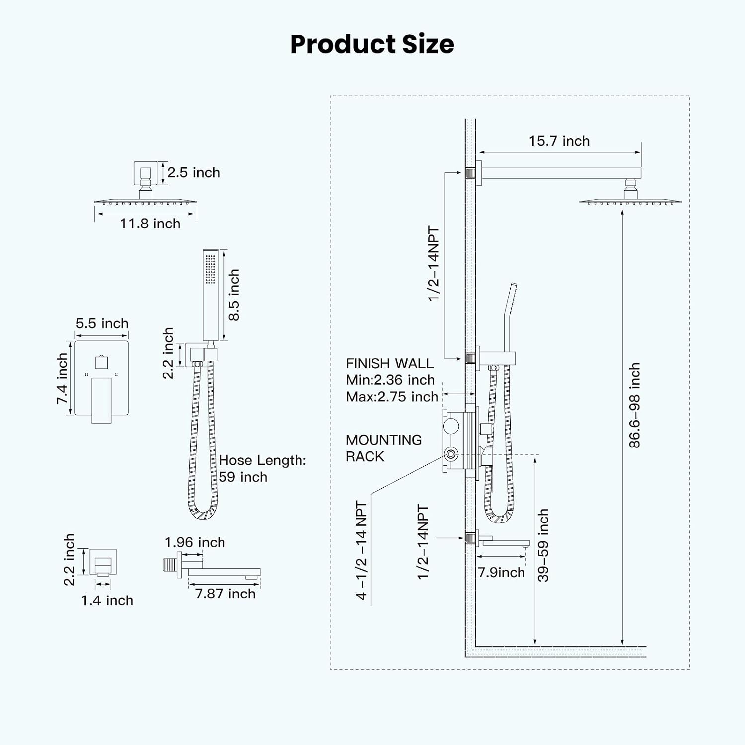 gotonovo Rainfall Tub Shower Faucet Set Bathroom Shower System with Tub Spout Wall Mount Square High Pressure Shower Fixtures with Handheld Sprayer Rough-In Valve 12'' Shower Head,Brushed Nickel