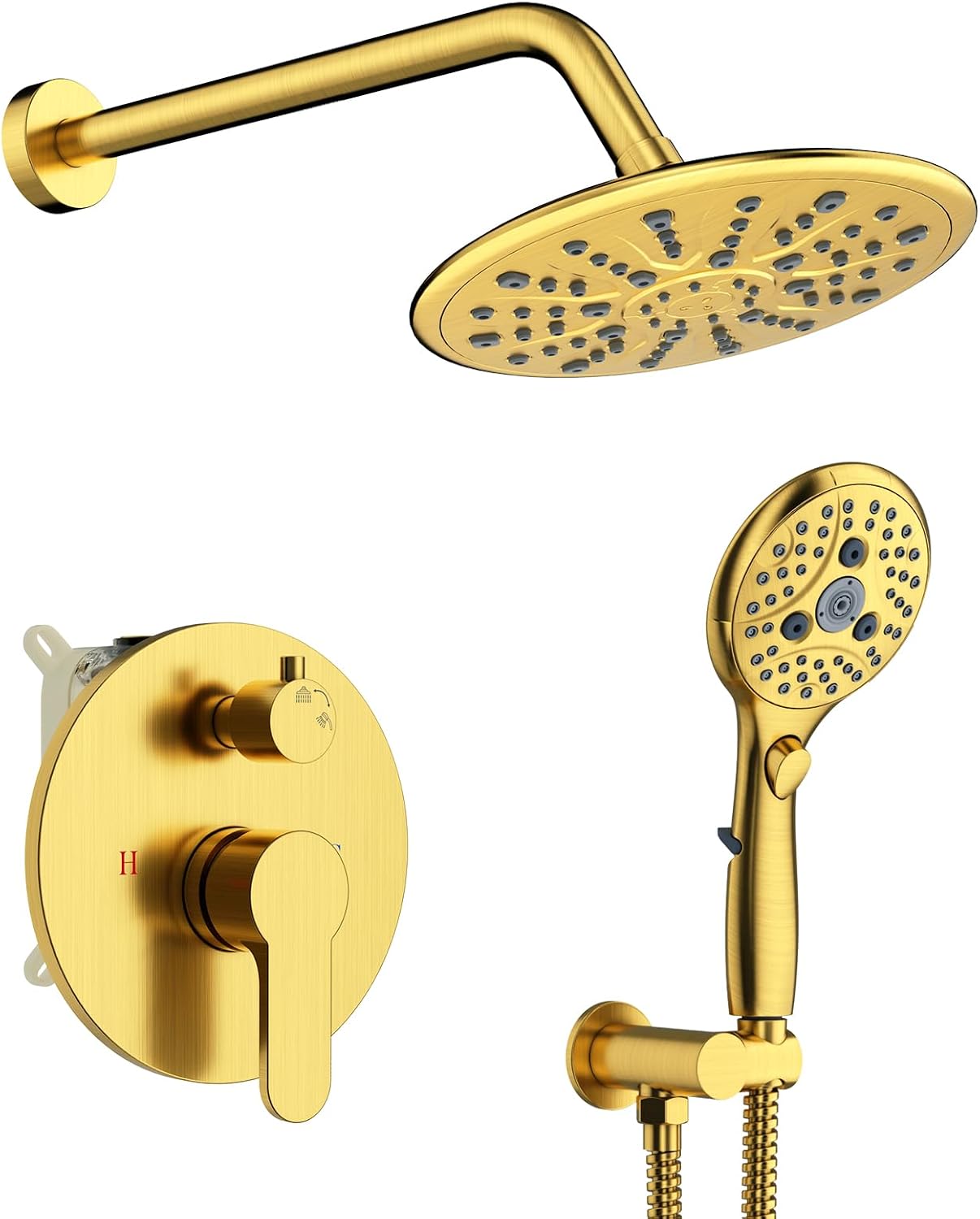 Suncleanse Gold Shower Faucet Sets - 8.5' Rain Shower Head Combo with 7-Setting handheld Spray Complete Shower System - Rainfall Shower Fixtures with Rough-in Valve and Trim Kit for Luxury Bathroom