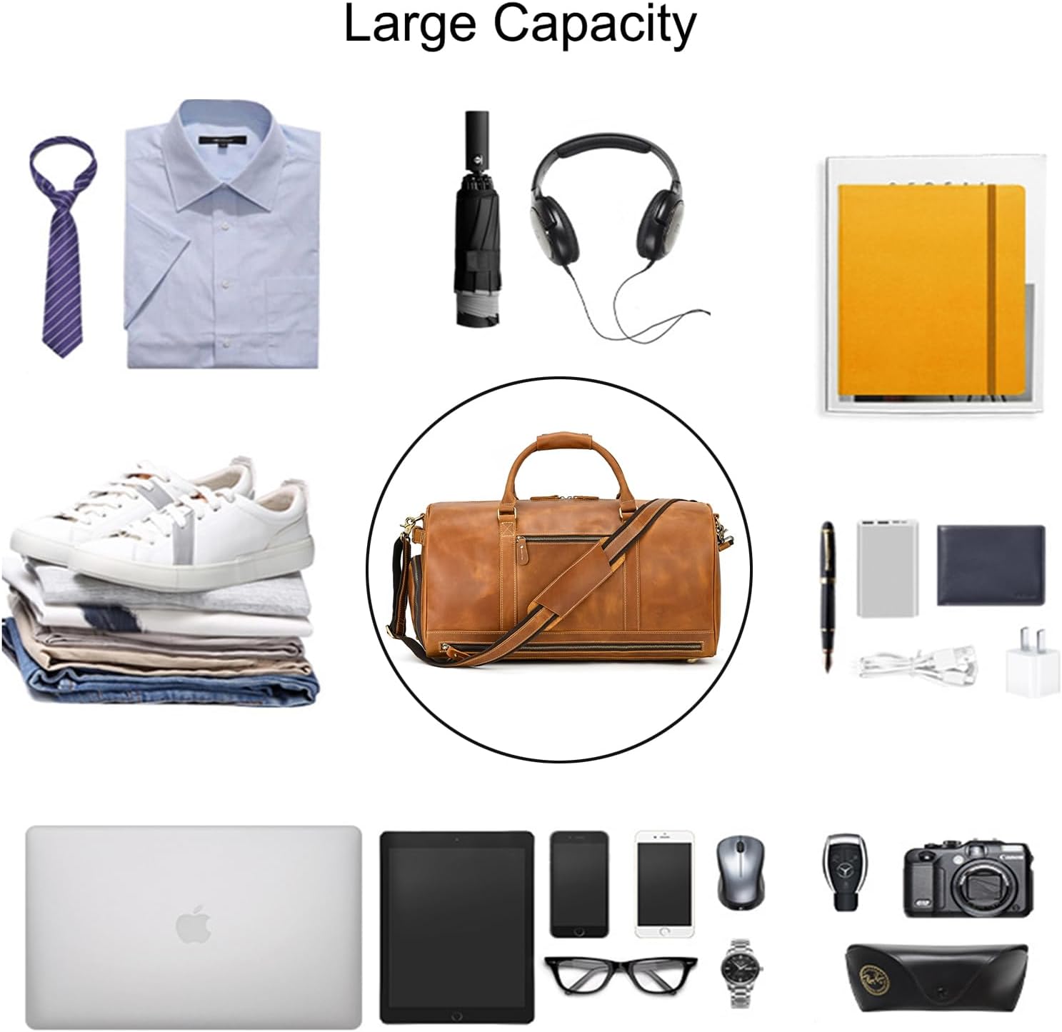 LUUFAN Full-grain Leather Travel Bag Large Capacity Duffel Luggage Bag with Shoe Compartment, Men Weekend Overnight Bag for Business Holiday Trip, Light Brown