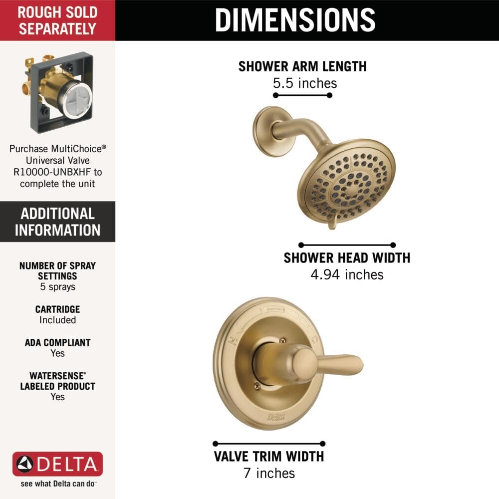 Delta Lahara 14 Series 5-Setting Shower Faucet Set, Brushed Gold Shower Head and Handle Set, Valve Trim Kit, Champagne Bronze T14238-CZ (Valve Not Included)