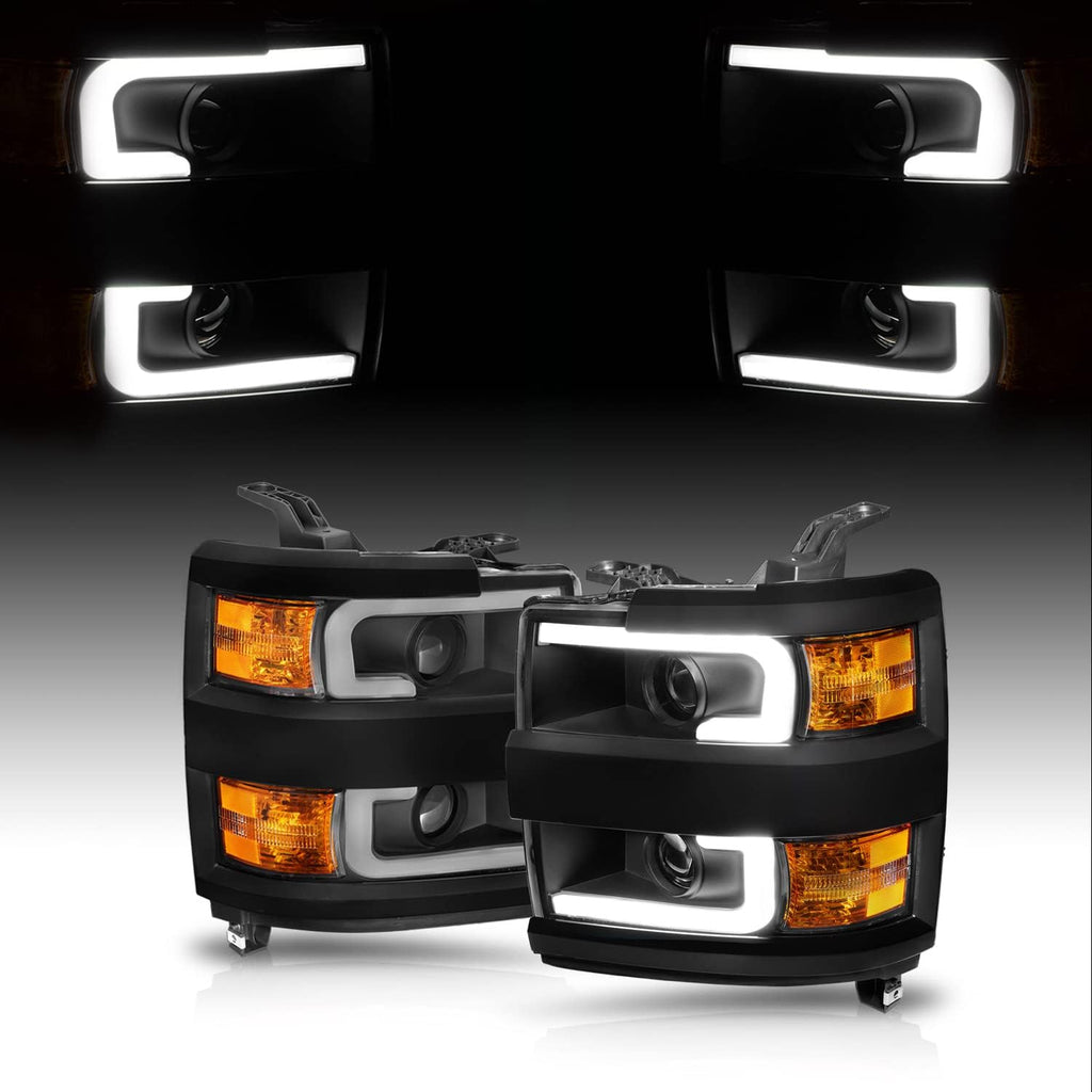 AmeriLite for 2015-2019 Chevy Silverado 2500HD 3500HD Pickup w/Switchback LED Tube All Dark Black Square Projector Headlights Assembly Set - Passenger and Driver Side