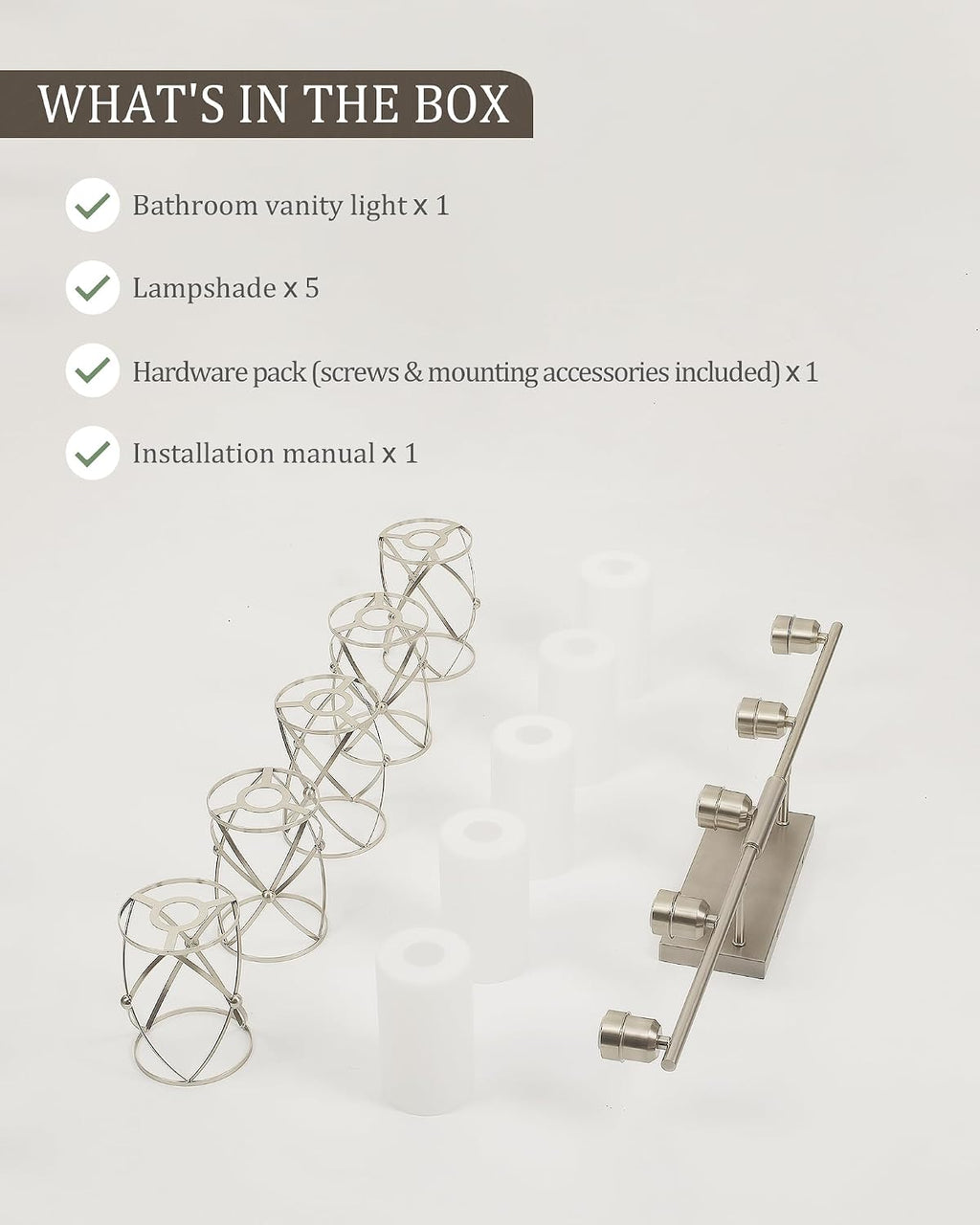5-Light Brushed Gold Bathroom Light Fixtures Over Mirror, 42' UL-Listed Modern Wall Sconce Lights with Frosted Milk White Glass and Metal Cage for Bath, Hardwire E26, CH9176BNW-5W