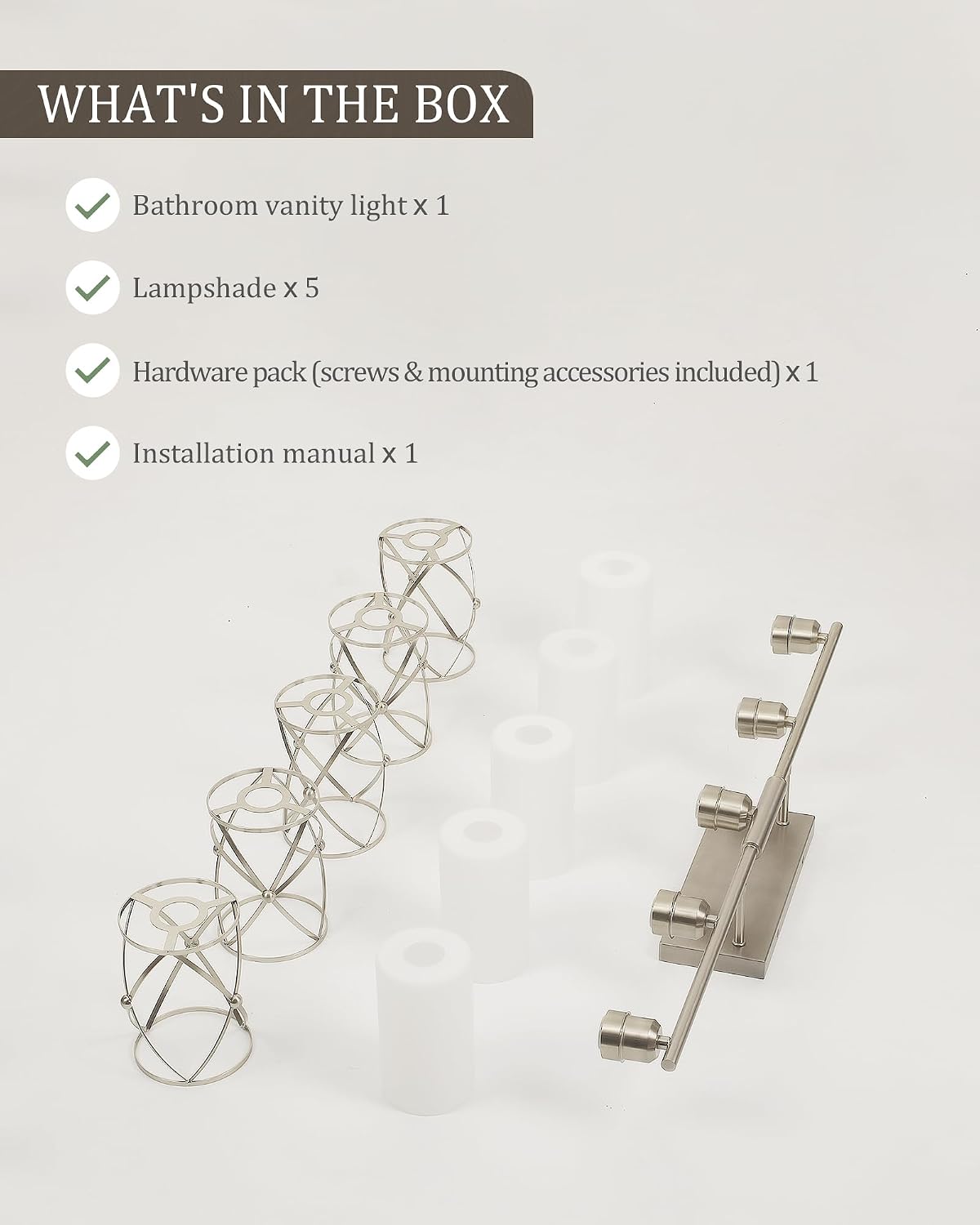5-Light Brushed Gold Bathroom Light Fixtures Over Mirror, 42' UL-Listed Modern Wall Sconce Lights with Frosted Milk White Glass and Metal Cage for Bath, Hardwire E26, CH9176BNW-5W