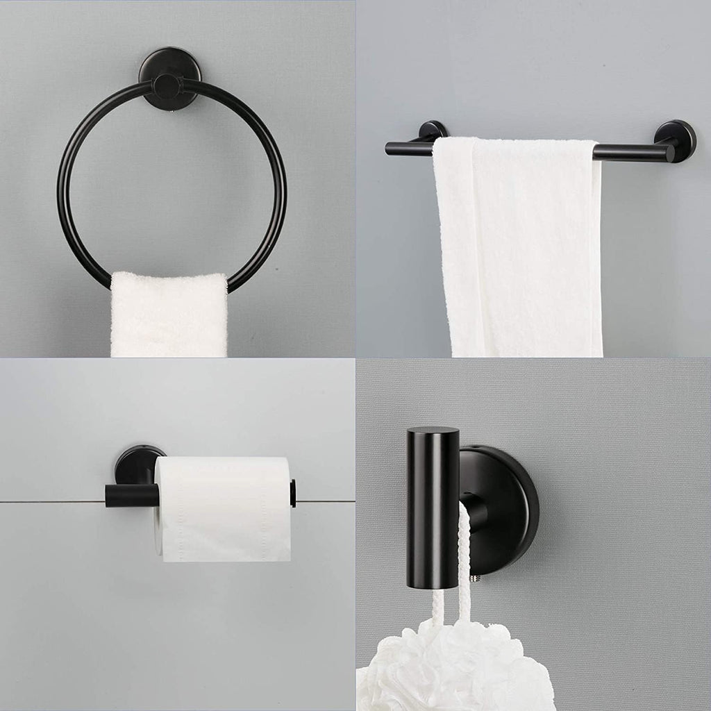 6-Pieces Bathroom Hardware Set SUS304 Stainless Steel Round Wall Mounted Includes Hand Towel Bar,Toilet Paper Holder,Robe Towel Hooks,Bathroom Accessories Kit On-Site (Matte Black)