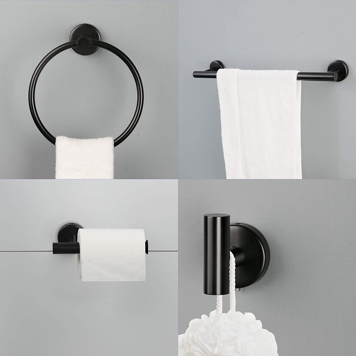 6-Pieces Bathroom Hardware Set SUS304 Stainless Steel Round Wall Mounted Includes Hand Towel Bar,Toilet Paper Holder,Robe Towel Hooks,Bathroom Accessories Kit On-Site (Matte Black)