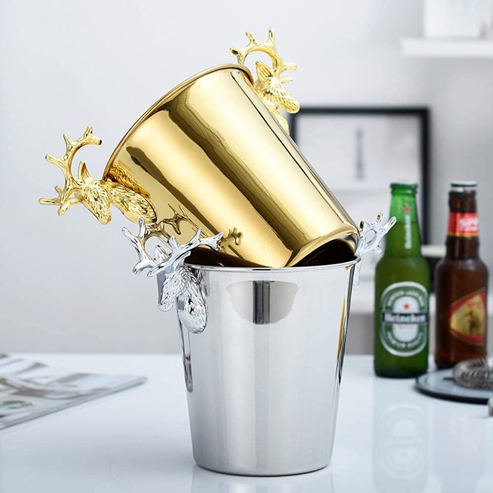 Large Metal ChampagneStainless Steel Plated Ice Bucket Deer Head Shape Handle Retro Ice Bucket Suitable for Beer, Wine and Cocktail Parties (Silver Large)