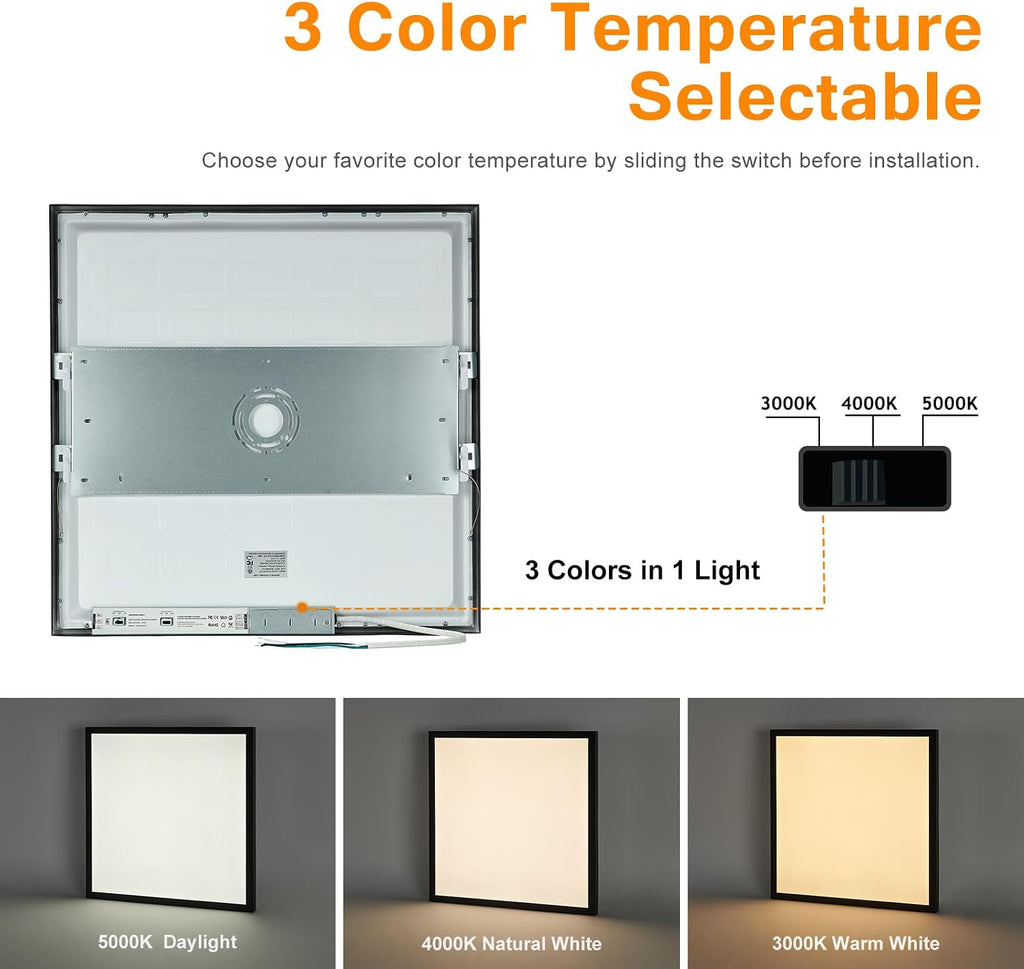 Black 2x2 Surface Mount LED Panel Lights, 40W-30W-20W & 5000K-4000K-3000K Selectable, 0-10V Dimmable, Square, for Kitchen, Shop, 100-277V, ETL, 2 Pack