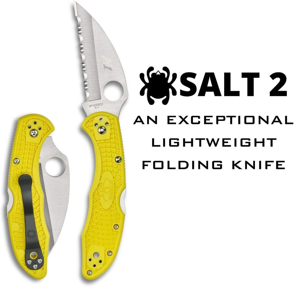 Spyderco Salt 2 Wharncliffe Knife with 2.9' H-1 Ultra-Corrosion Resistant Steel Blade and Lightweight Yellow FRN Handle - SpyderEdge - C88SWCYL2