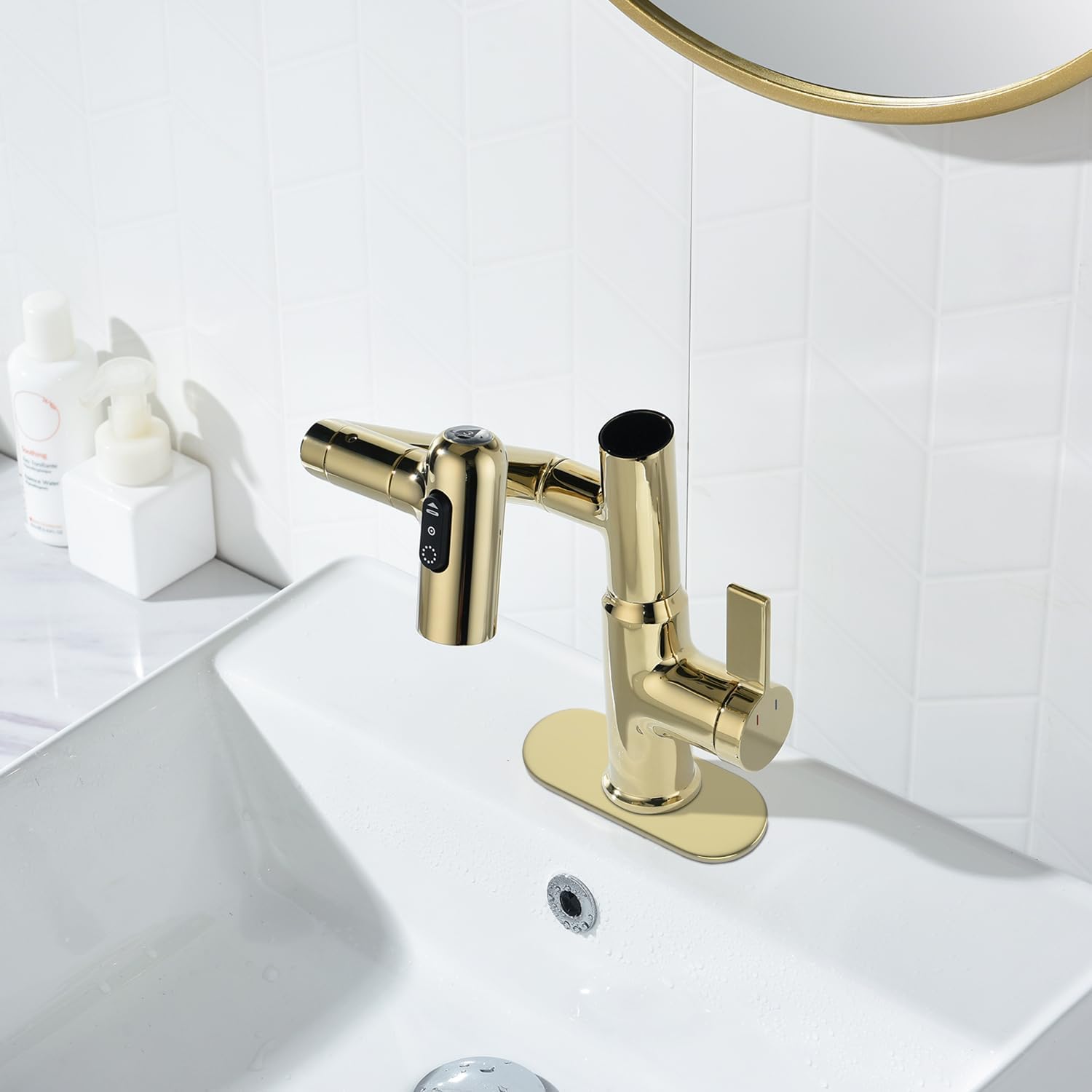 Lefton Rotatable Bathroom Faucet BF2204 with 6' Cover Plate FCP2202, Polished Gold